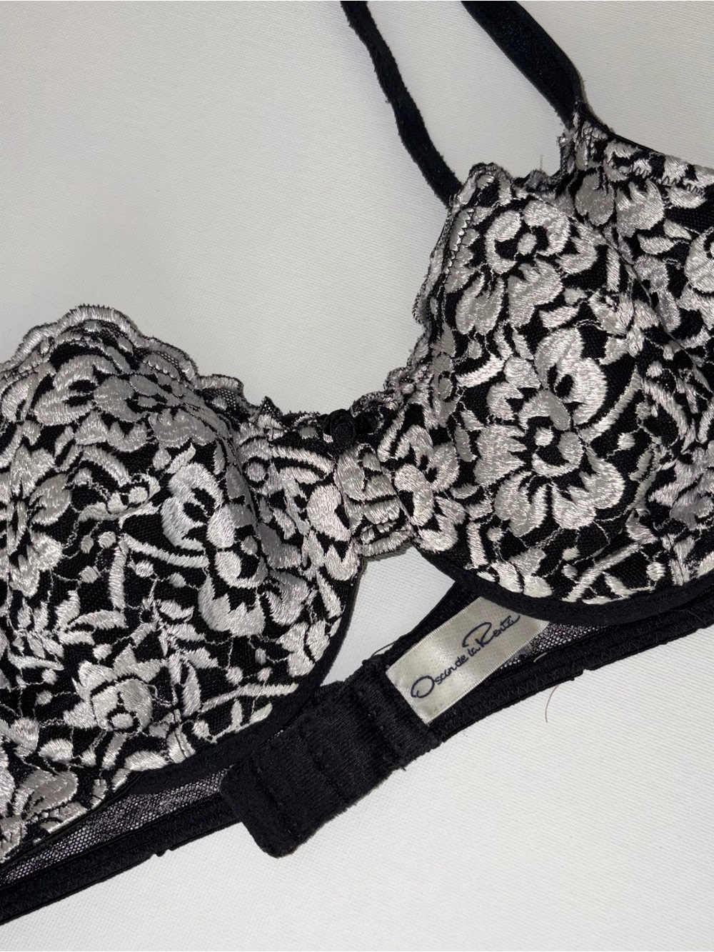 Vintage 90s Oscar de la Renta Black and Silver Floral Embroidered Underwire Bra